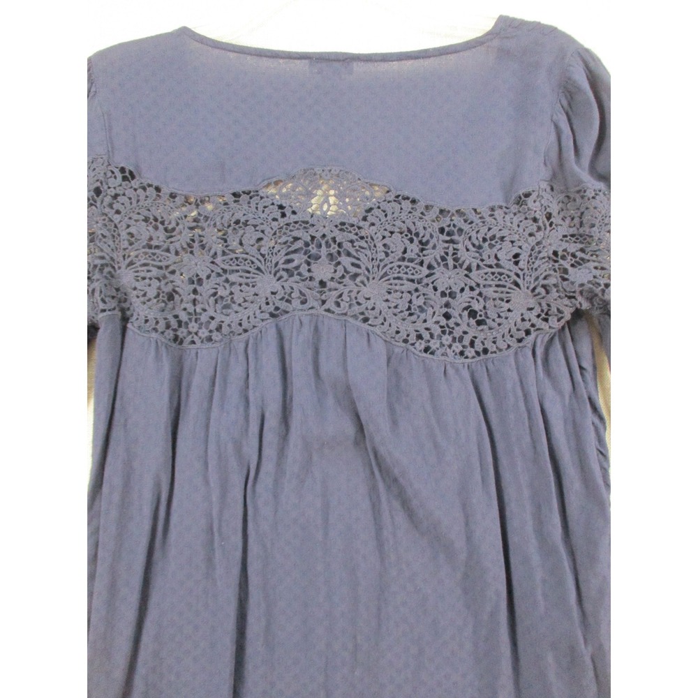 Hinge Navy Blue Lace Yoke Clip Dot Long Sleeve Tie Cuff Blouse XS - Picture 8 of 9